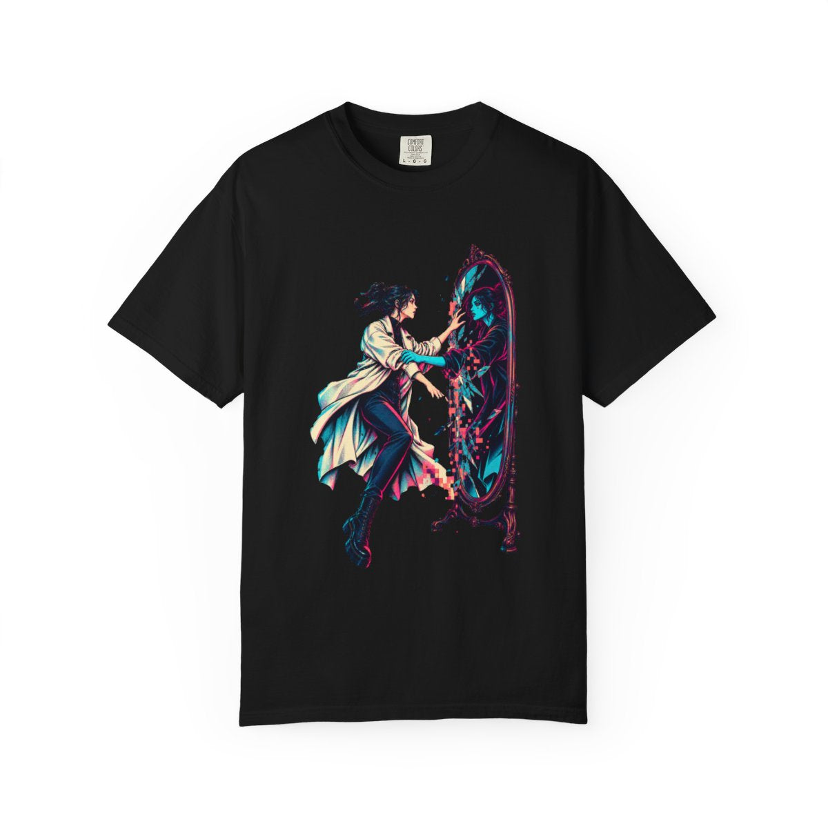 Mirror Swap Tee large front print on a Black Comfort Colors 1717 tee