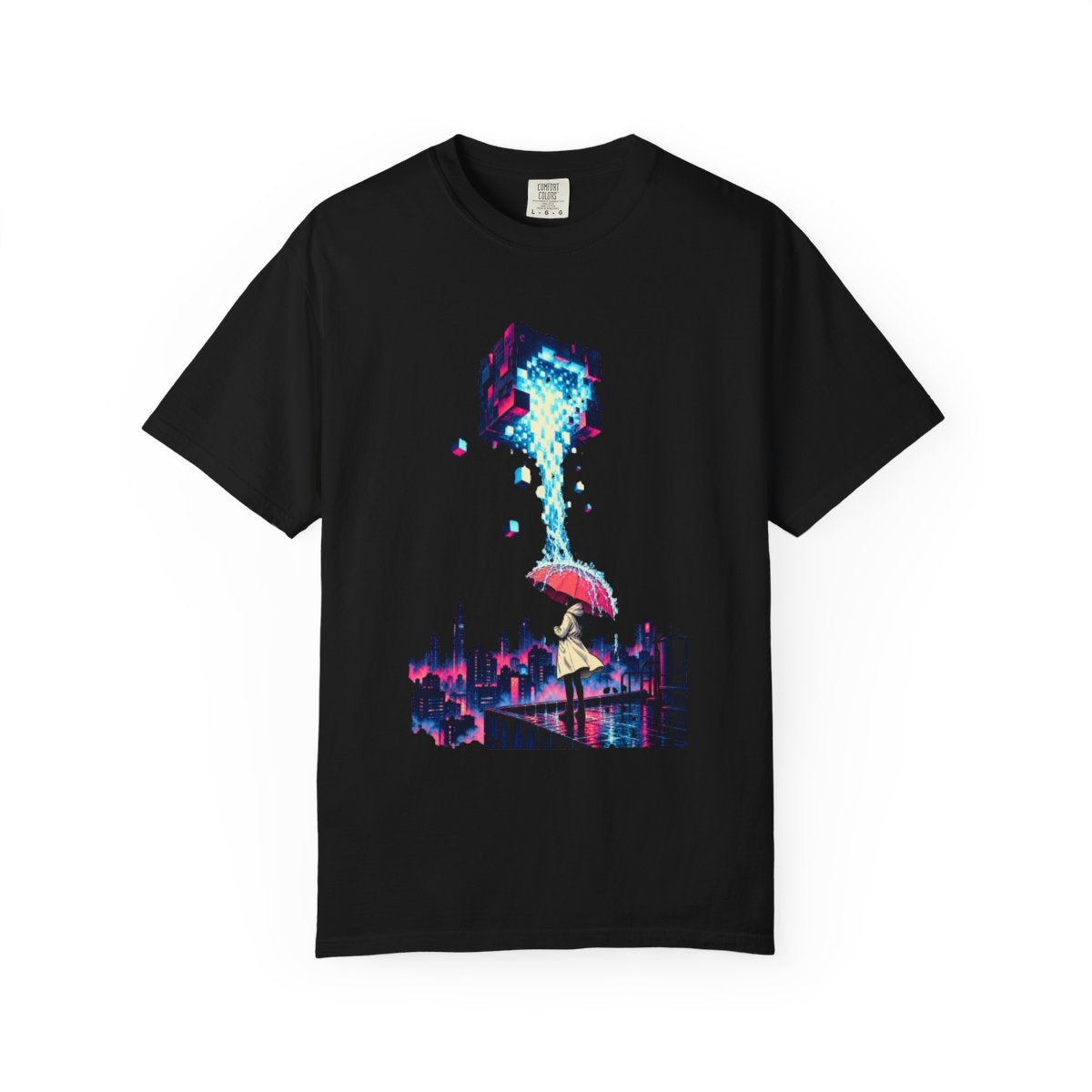 Pixel Falls Tee large front print on a Black Comfort Colors 1717 tee