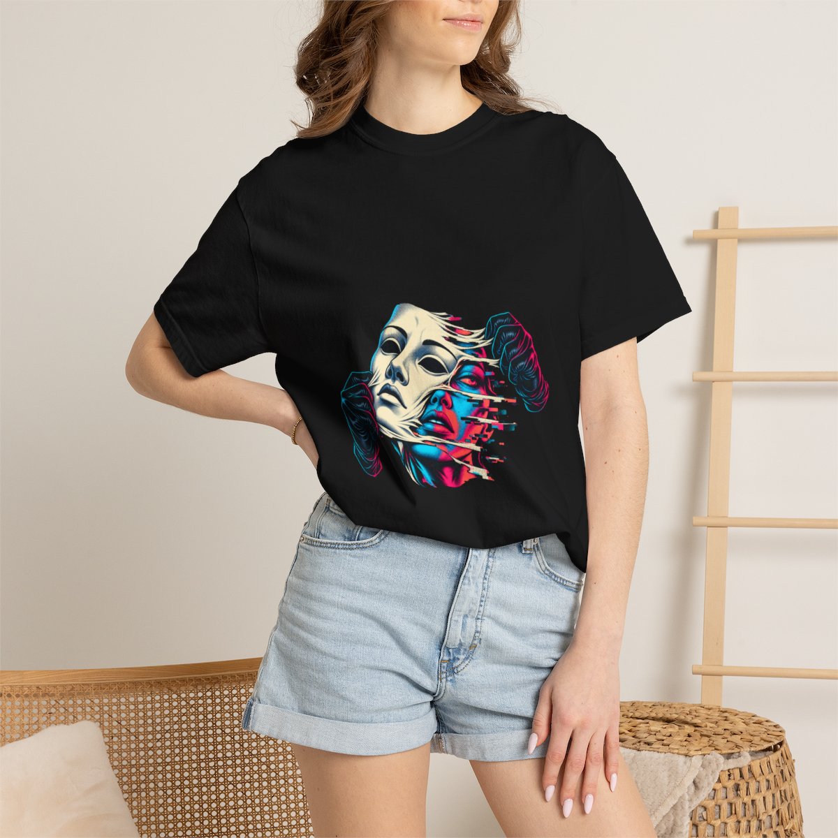 Static Mask Tee worn Printify context view on a Black Comfort Colors 1717 tee