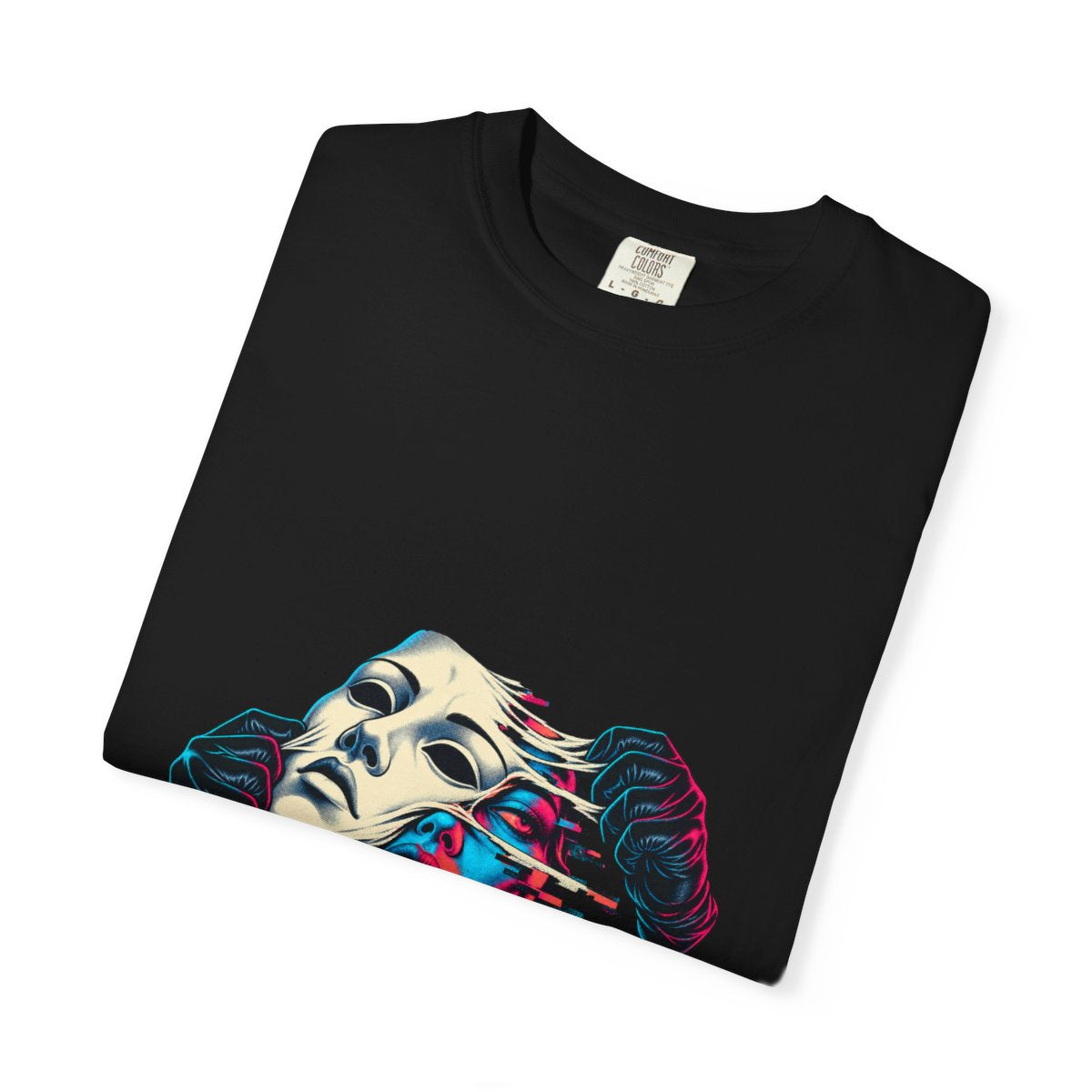 Static Mask Tee folded front print detail