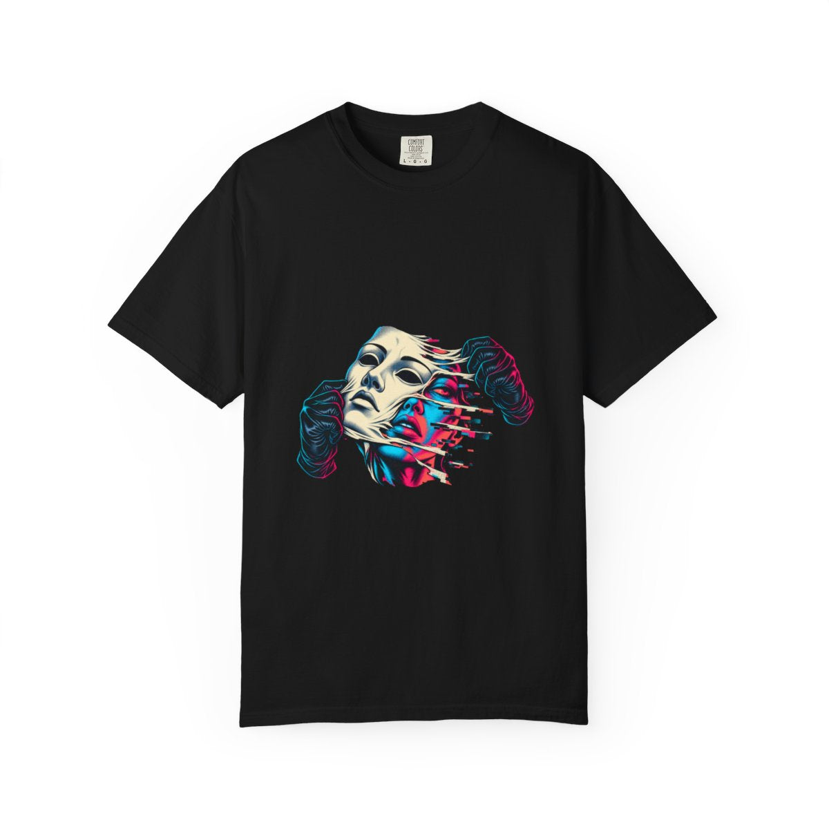 Static Mask Tee large front print on a Black Comfort Colors 1717 tee