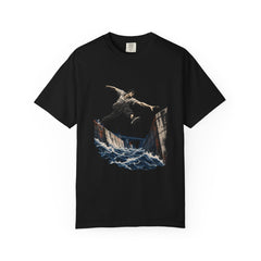 Across the Flood Tee large front print on a Black Comfort Colors 1717 tee