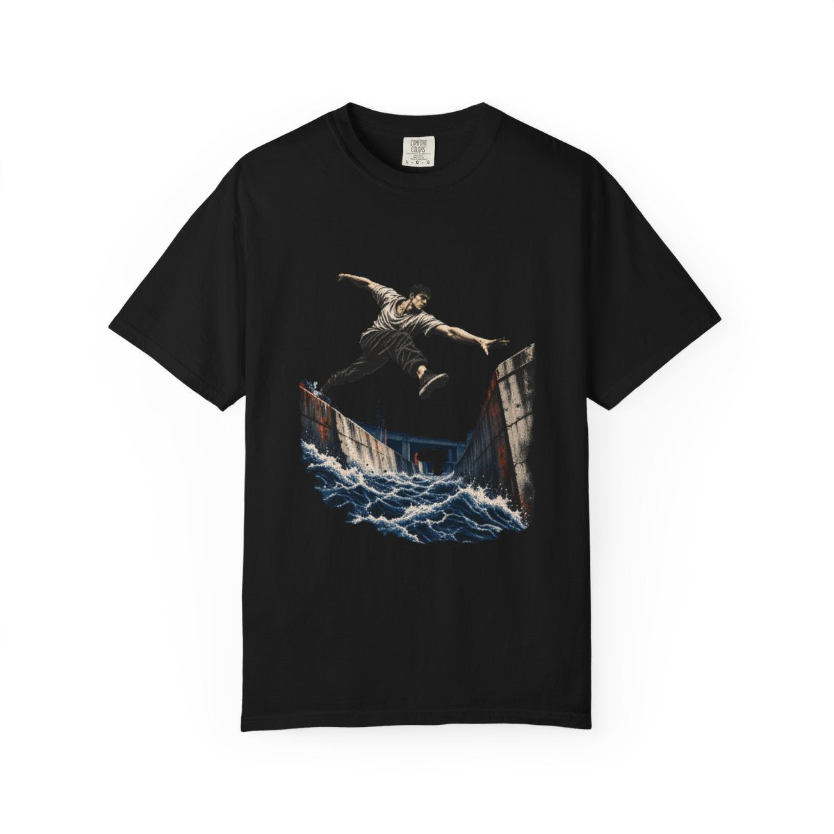 Across the Flood Tee large front print on a Black Comfort Colors 1717 tee