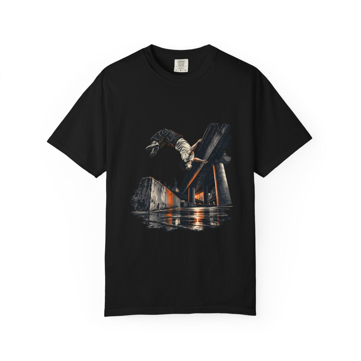 Backflip Tee large front print on a Black Comfort Colors 1717 tee