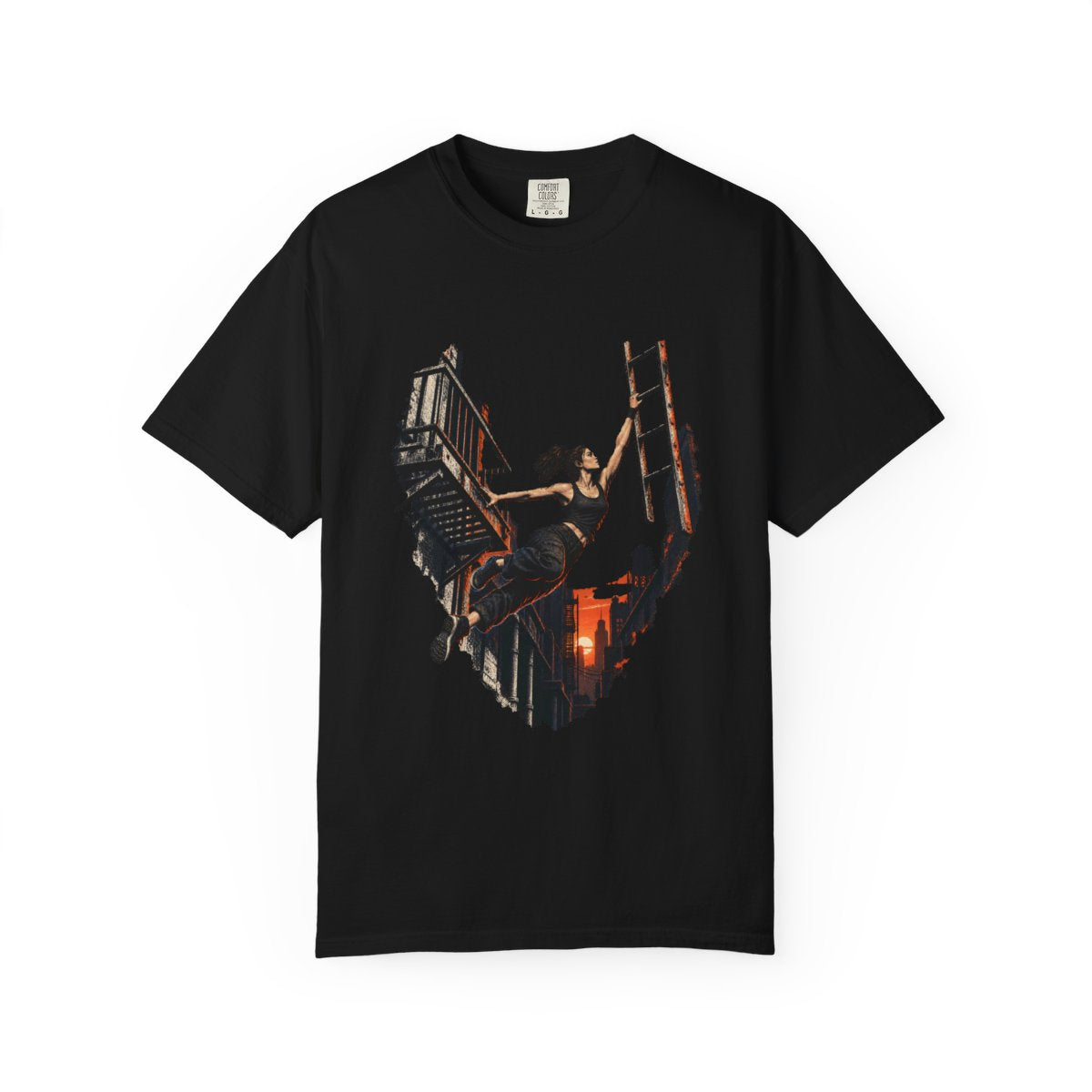 Catch the Ladder Tee large front print on a Black Comfort Colors 1717 tee
