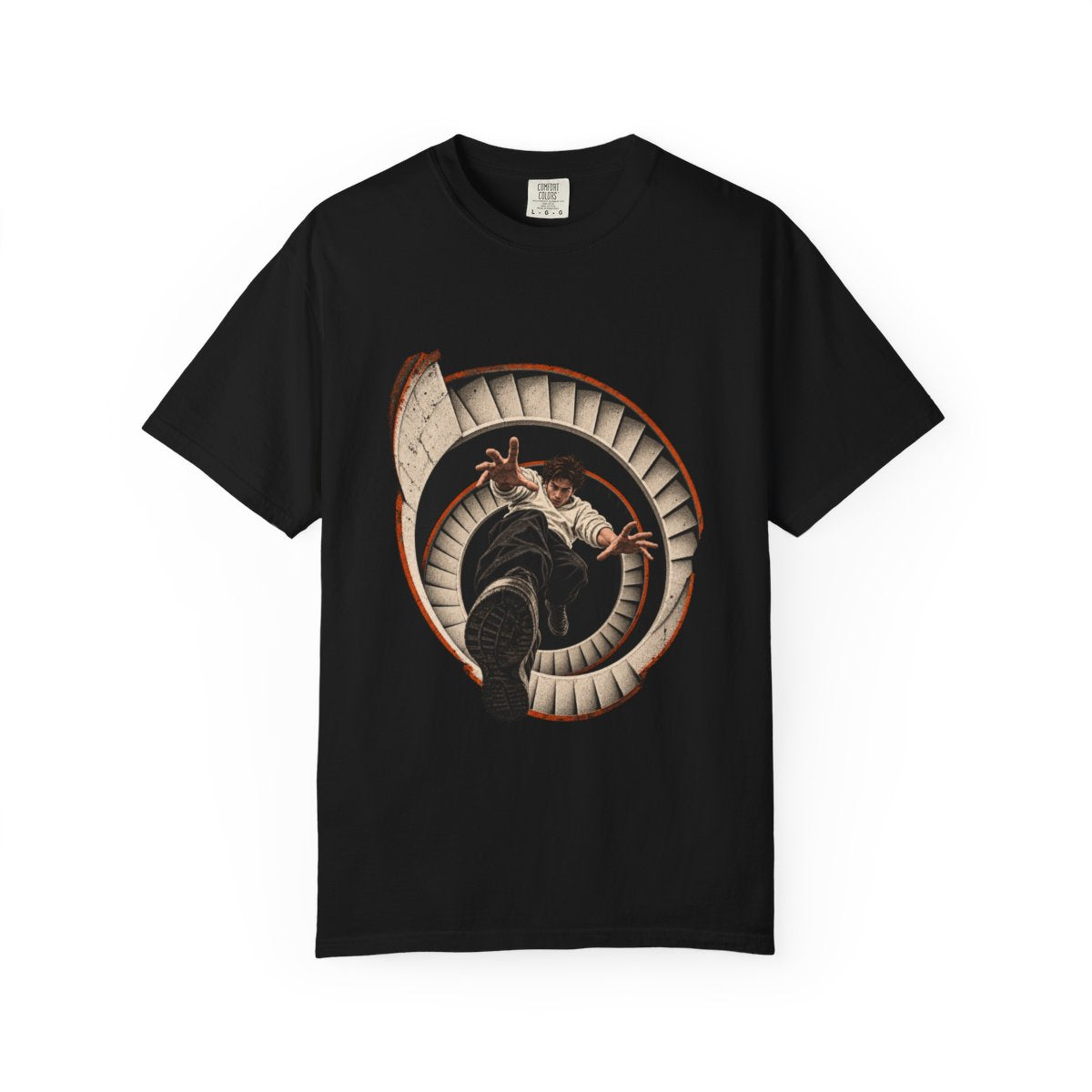 Freefall Tee large front print on a Black Comfort Colors 1717 tee