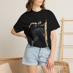 Run the Wall Tee worn Printify context view on a Black Comfort Colors 1717 tee