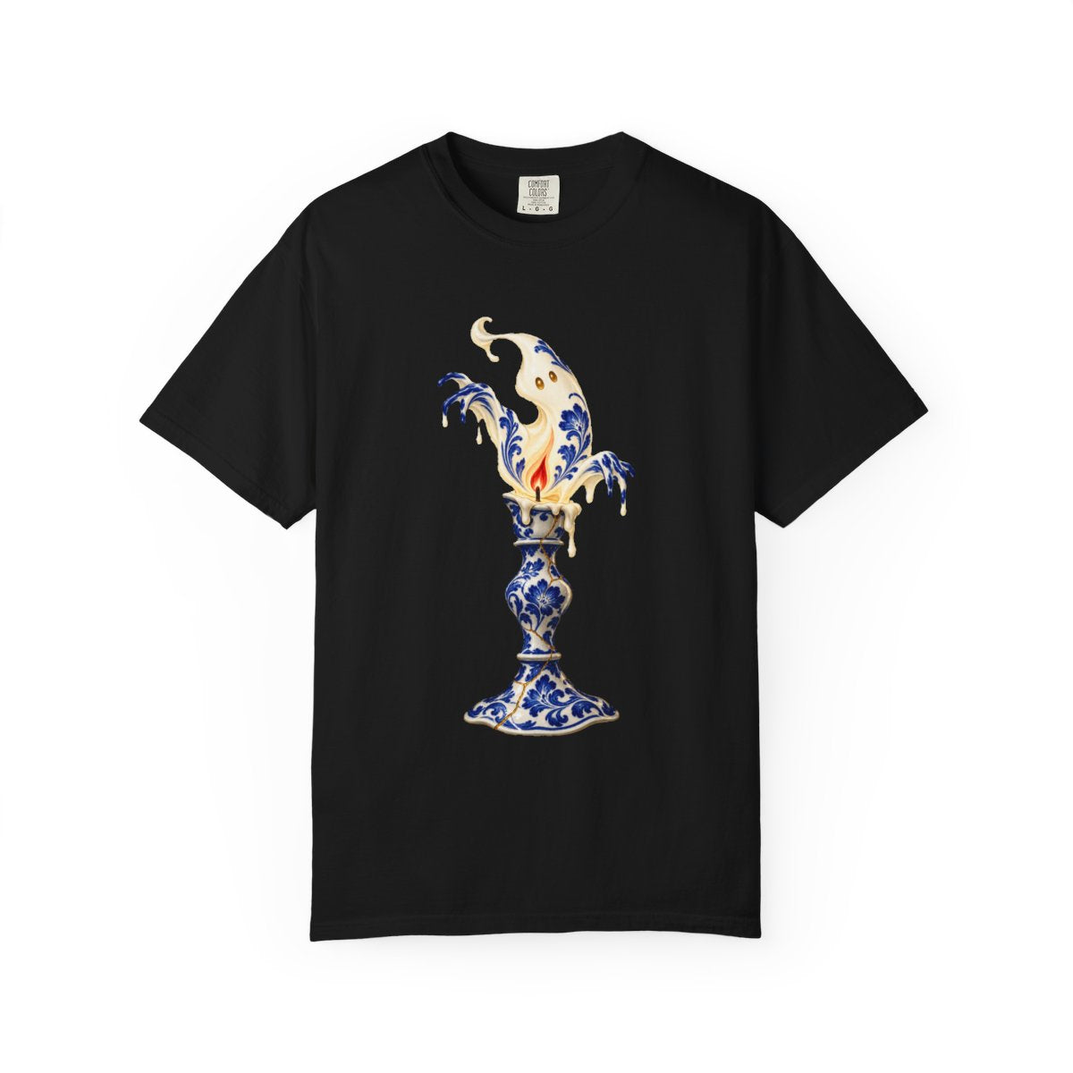 Candle Ghost Tee large front print on a Black Comfort Colors 1717 tee