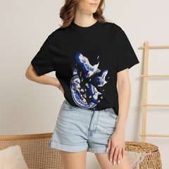 Crane Flight Tee worn Printify context view on a Black Comfort Colors 1717 tee