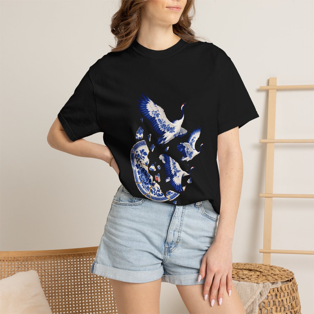 Crane Flight Tee worn Printify context view on a Black Comfort Colors 1717 tee