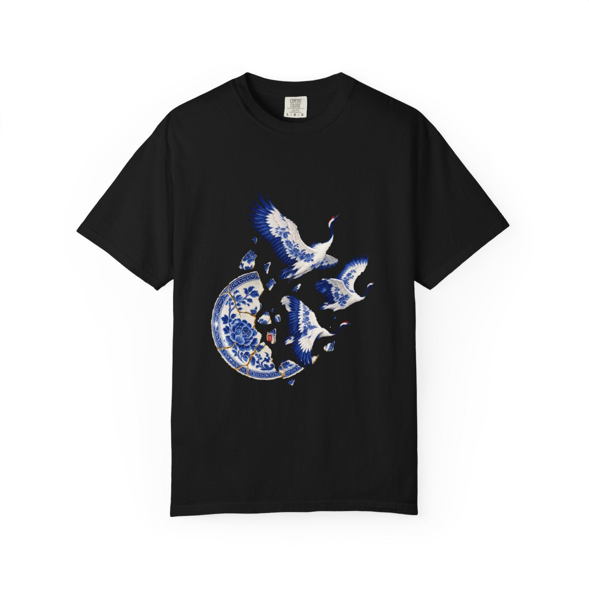 Crane Flight Tee large front print on a Black Comfort Colors 1717 tee