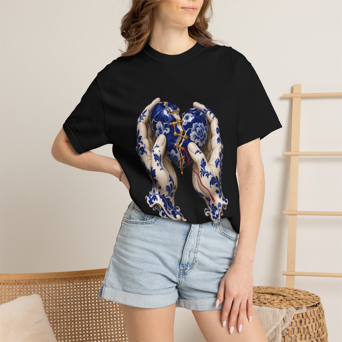 Golden Seam Tee worn Printify context view on a Black Comfort Colors 1717 tee