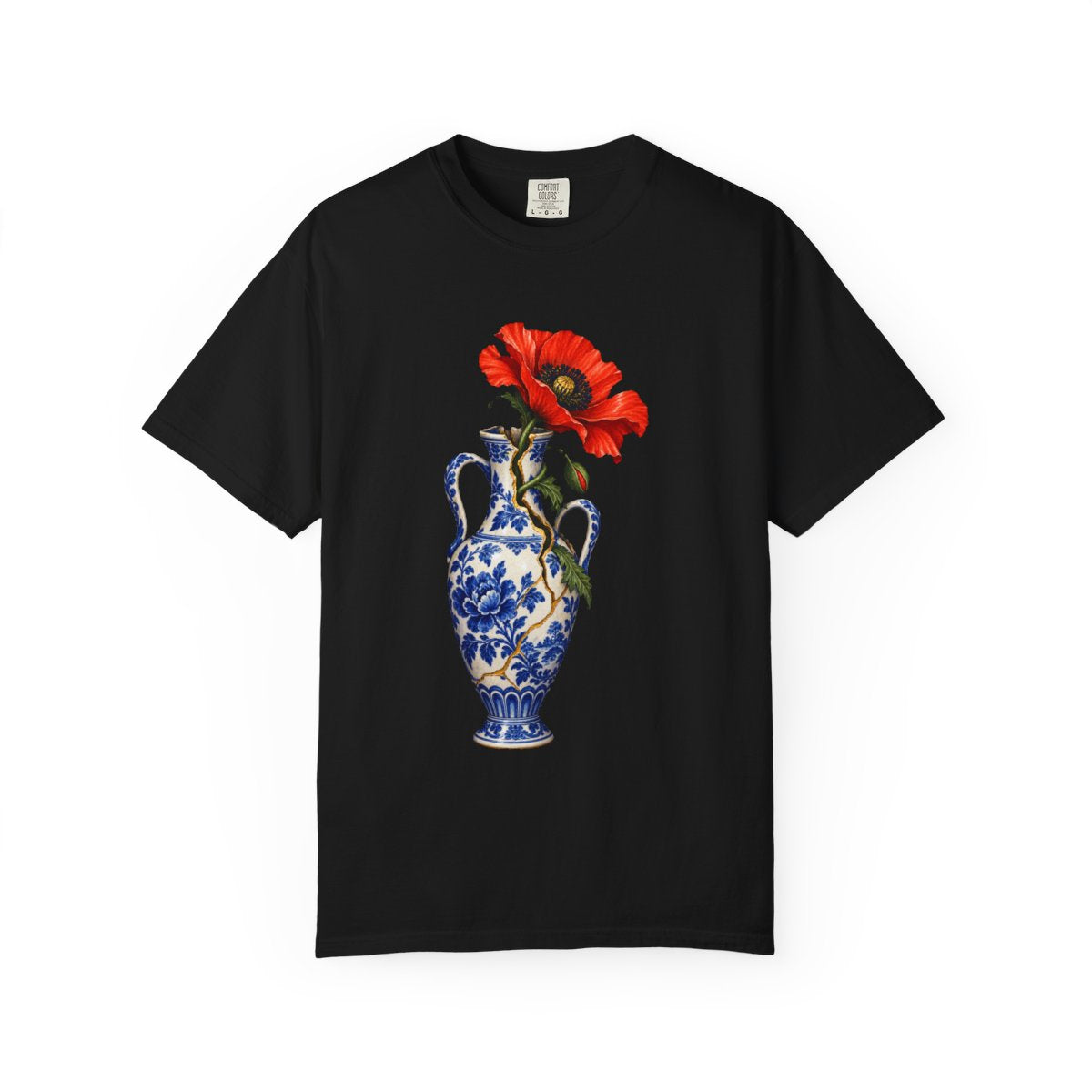 Poppy Vessel Tee large front print on a Black Comfort Colors 1717 tee