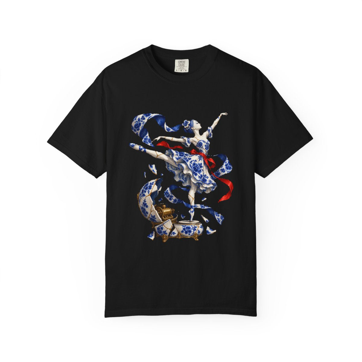 Porcelain Dancer Tee large front print on a Black Comfort Colors 1717 tee