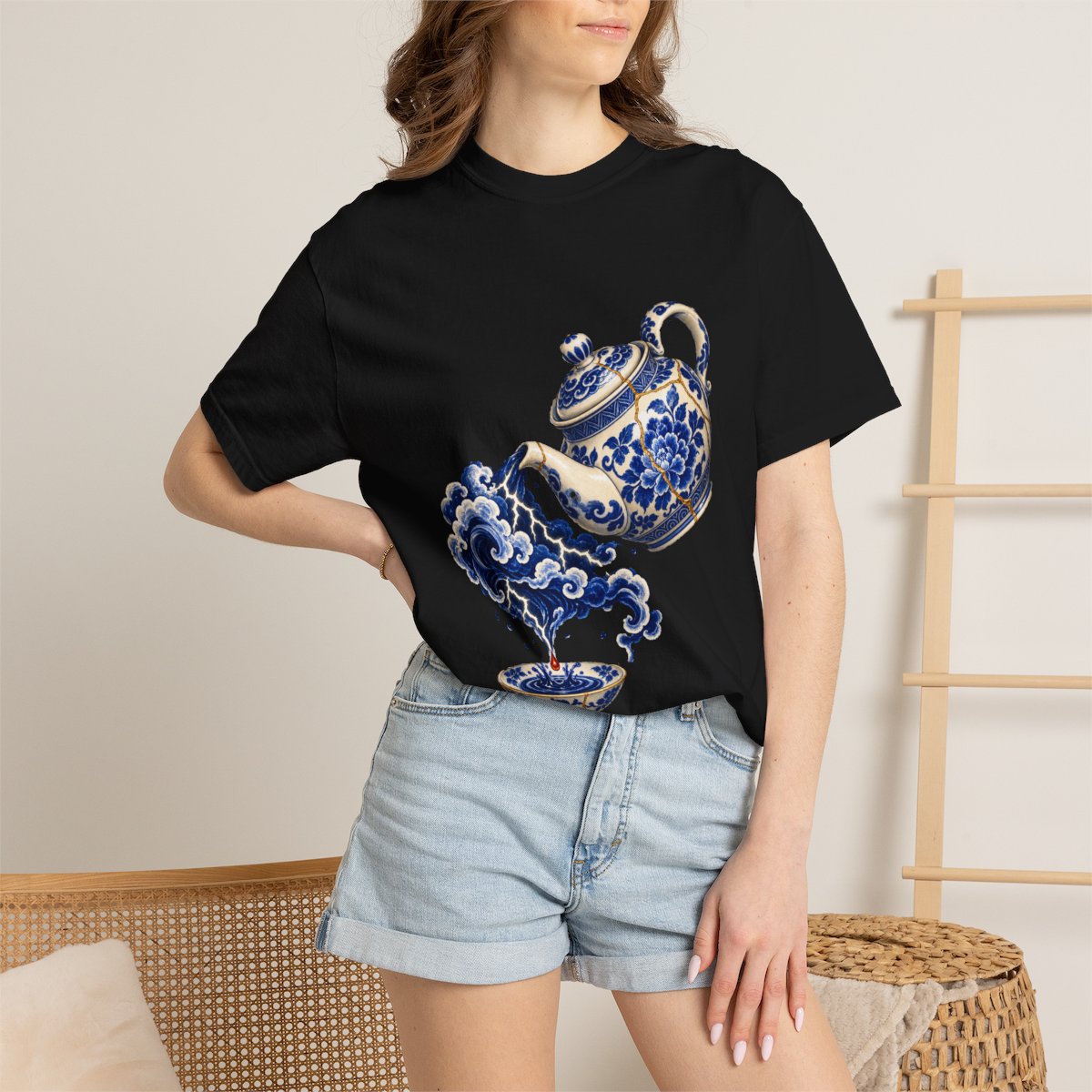 Tea Tempest Tee worn Printify context view on a Black Comfort Colors 1717 tee
