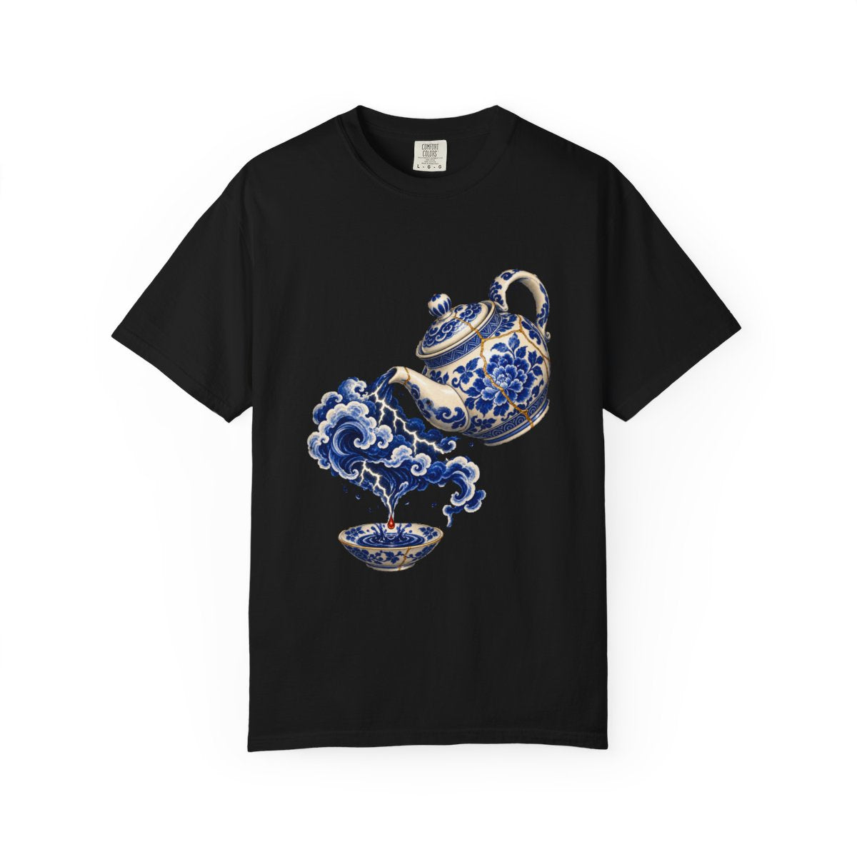 Tea Tempest Tee large front print on a Black Comfort Colors 1717 tee