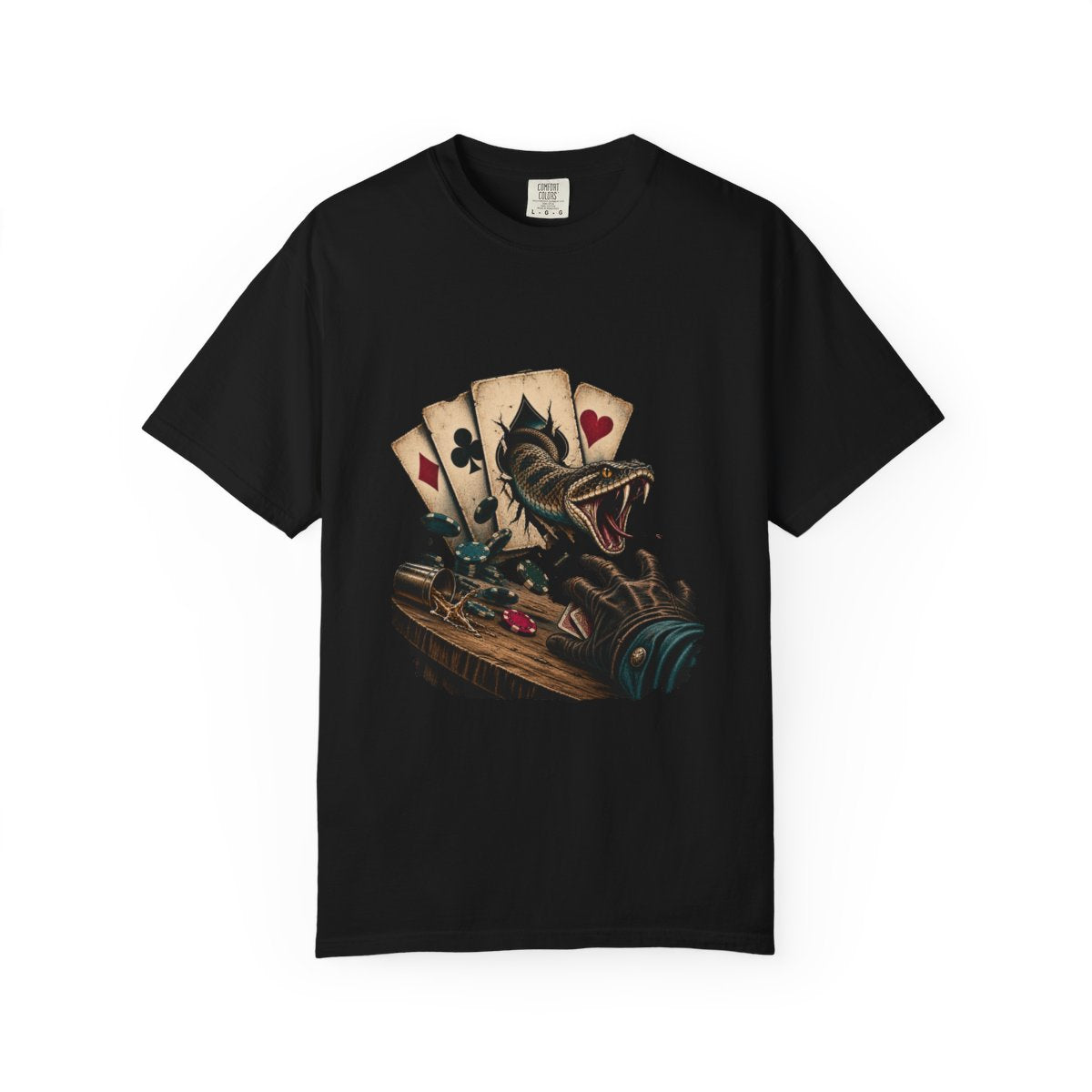 Cards Bite Back Tee large front print on a Black Comfort Colors 1717 tee