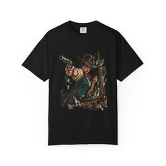 One Shot Left Tee large front print on a Black Comfort Colors 1717 tee