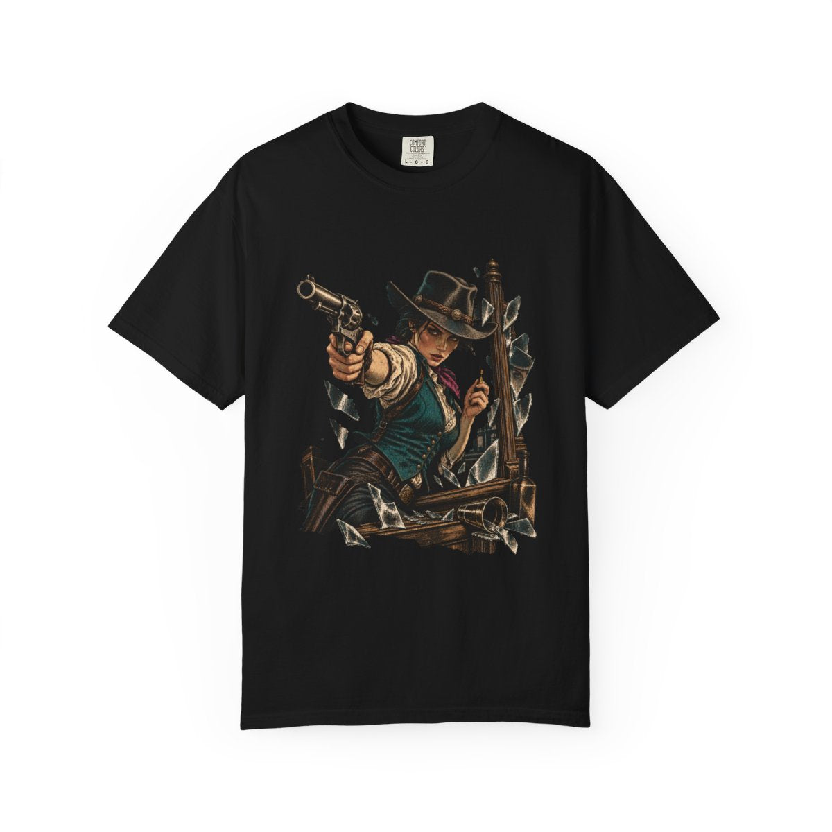 One Shot Left Tee large front print on a Black Comfort Colors 1717 tee