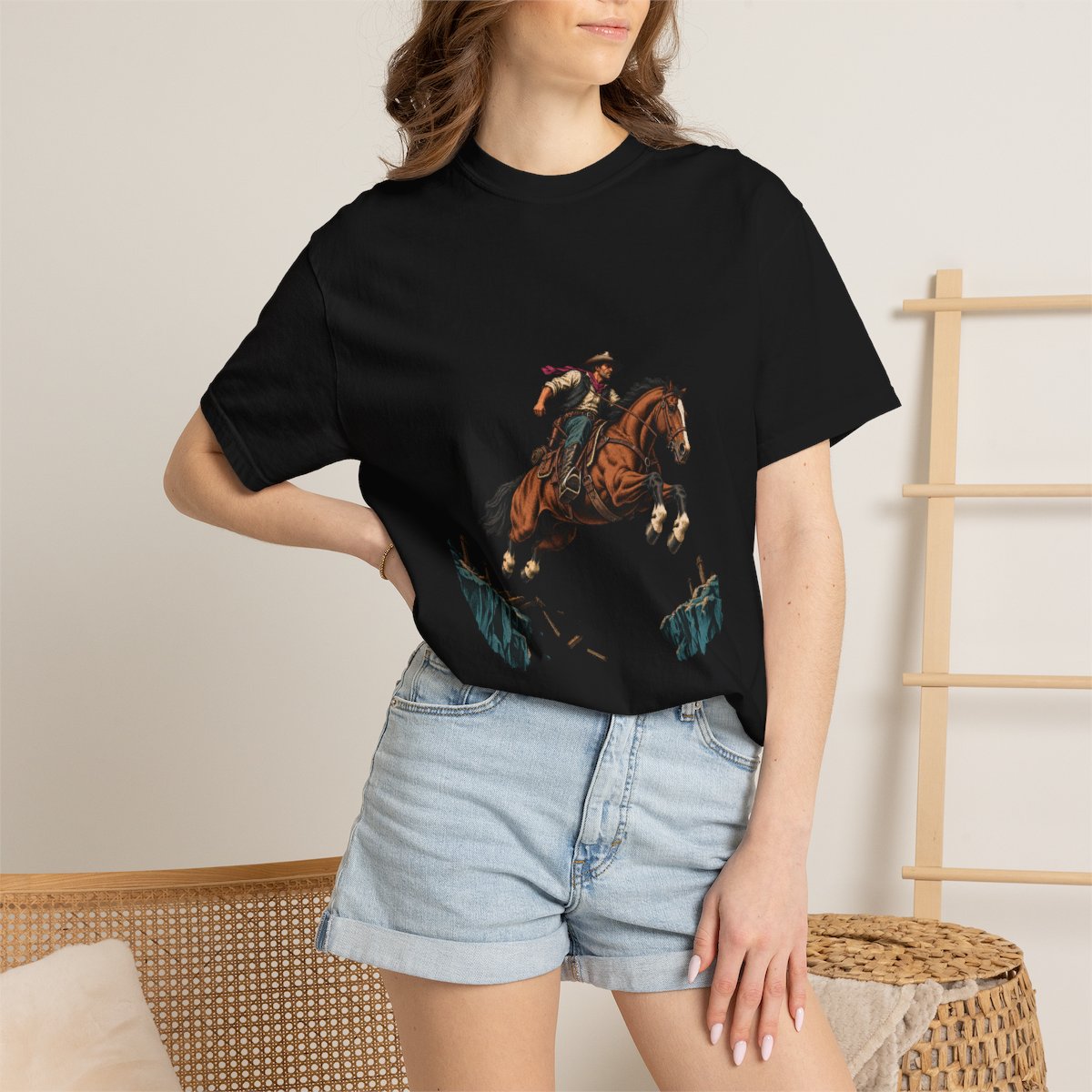 Over the Gorge Tee worn Printify context view on a Black Comfort Colors 1717 tee