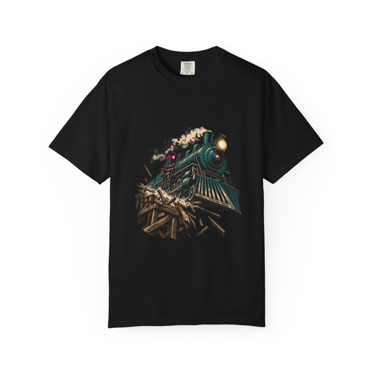 Runaway Train Tee large front print on a Black Comfort Colors 1717 tee