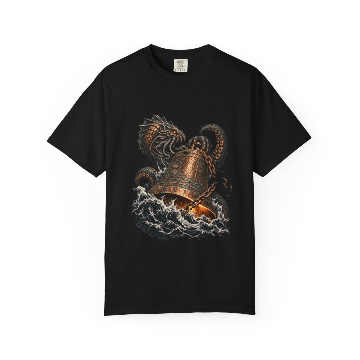 Leviathan Bell Tee large front print on a Black Comfort Colors 1717 tee