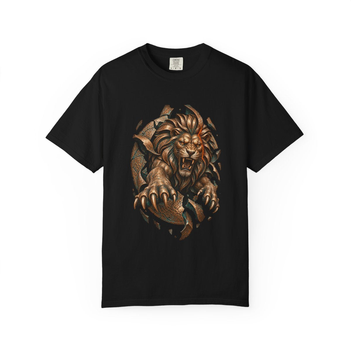 Lion Unbound Tee large front print on a Black Comfort Colors 1717 tee