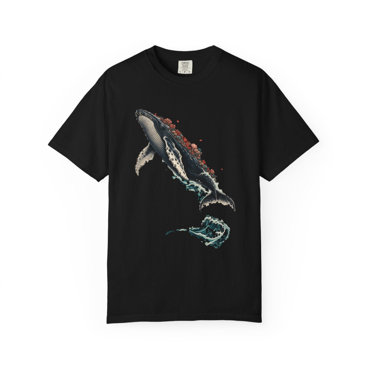 Coralback Whale Tee large front print on a Black Comfort Colors 1717 tee