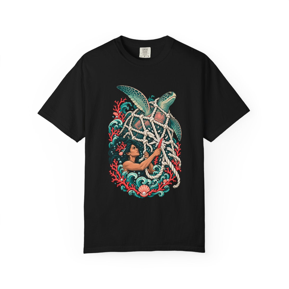 Cut the Net Tee large front print on a Black Comfort Colors 1717 tee