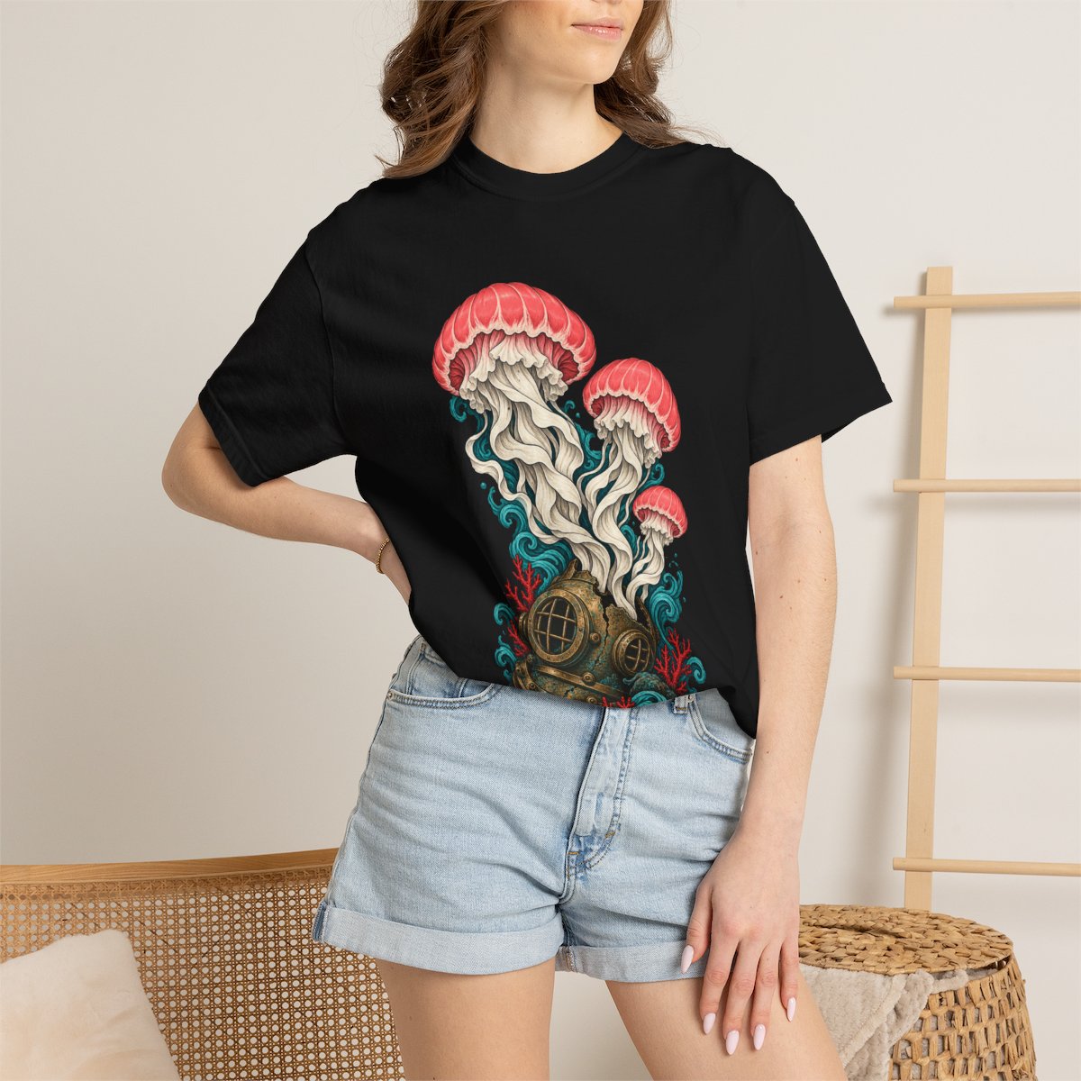 Jelly Lanterns Tee worn Printify context view on a Black Comfort Colors 1717 tee