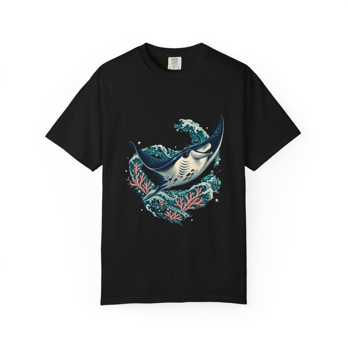Manta Vortex Tee large front print on a Black Comfort Colors 1717 tee
