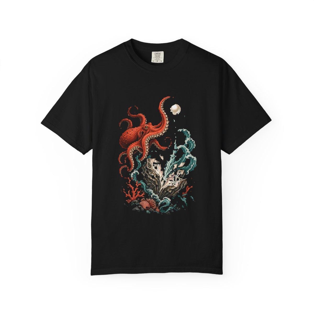 Pearl Escape Tee large front print on a Black Comfort Colors 1717 tee