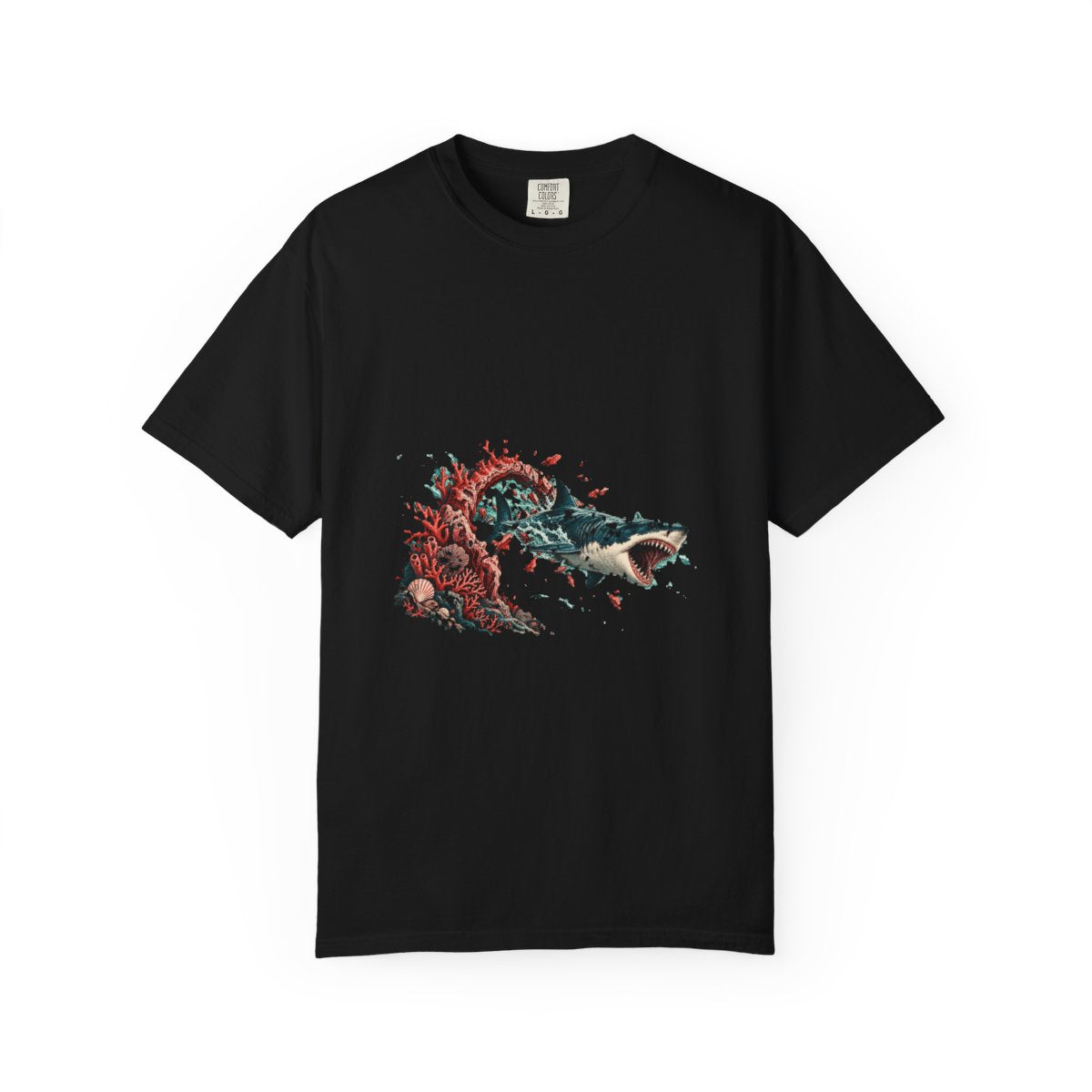 Shark Breakthrough Tee large front print on a Black Comfort Colors 1717 tee