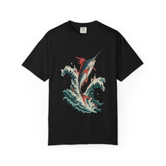 Swordfish Surge Tee large front print on a Black Comfort Colors 1717 tee