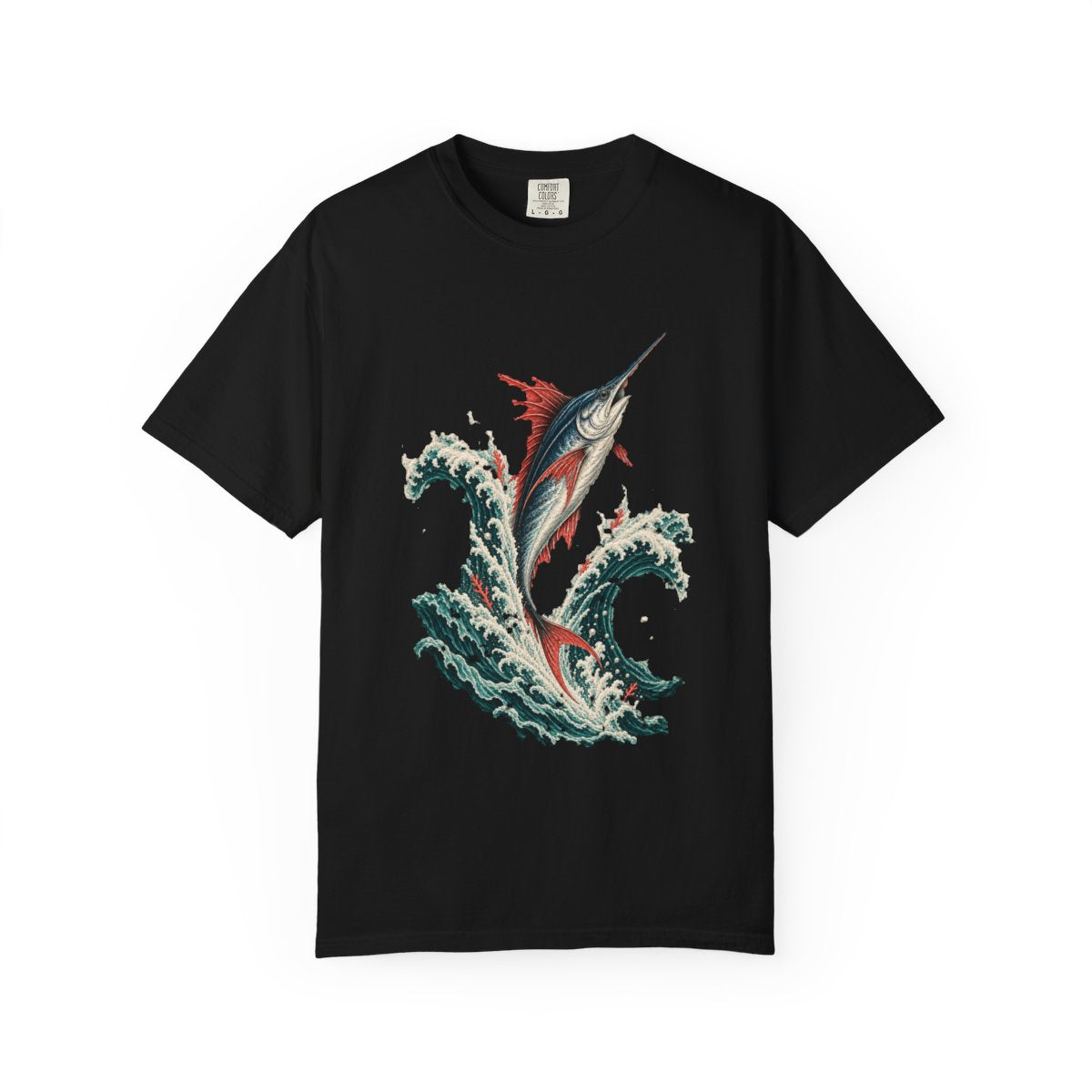 Swordfish Surge Tee large front print on a Black Comfort Colors 1717 tee