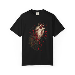 Heart Untangled Tee large front print on a Black Comfort Colors 1717 tee