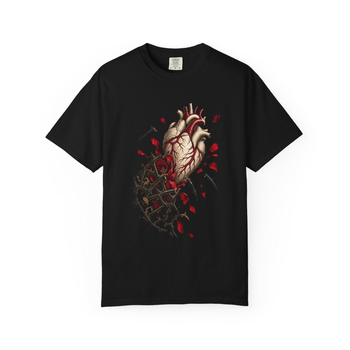 Heart Untangled Tee large front print on a Black Comfort Colors 1717 tee