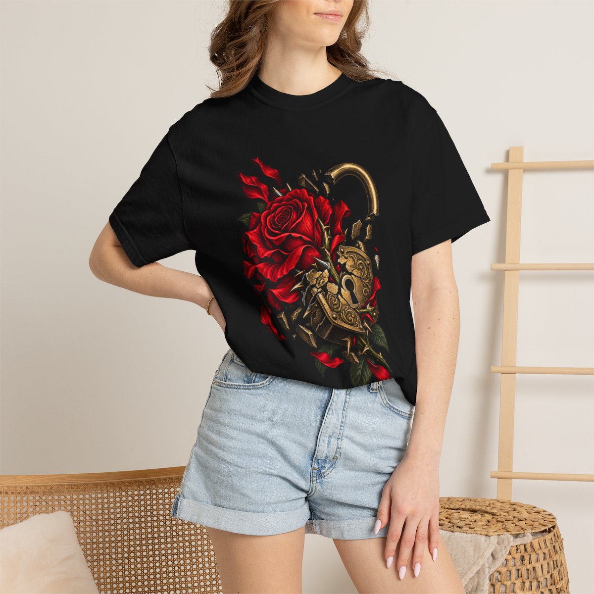 Rose Breakout Tee worn Printify context view on a Black Comfort Colors 1717 tee