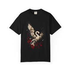 Swan Snare Tee large front print on a Black Comfort Colors 1717 tee