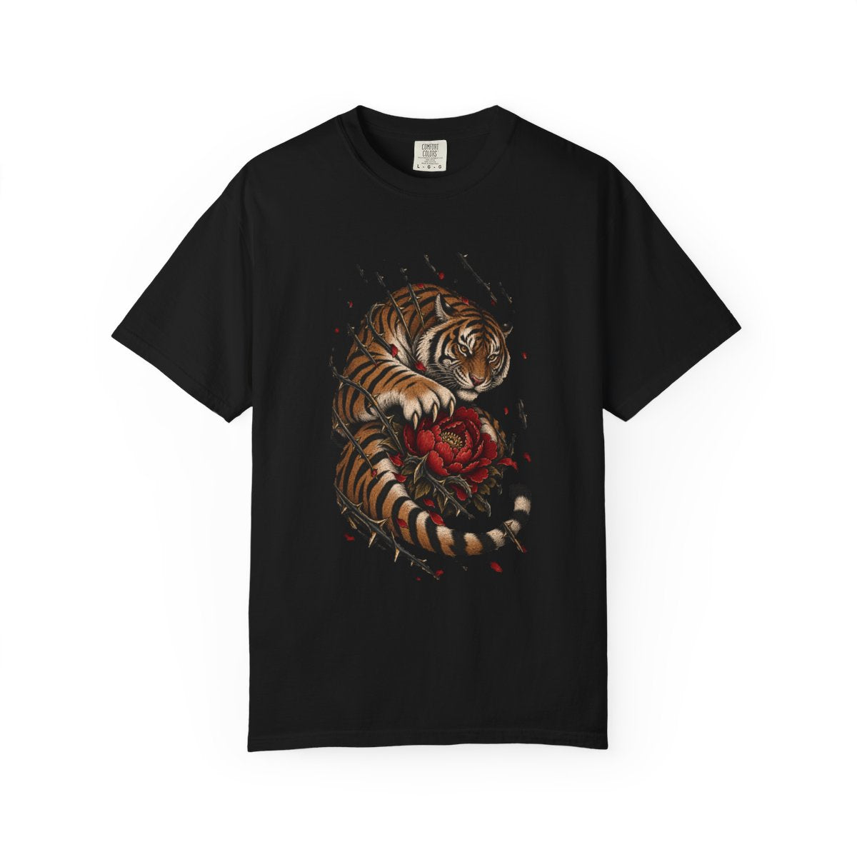 Tiger's Mercy Tee large front print on a Black Comfort Colors 1717 tee