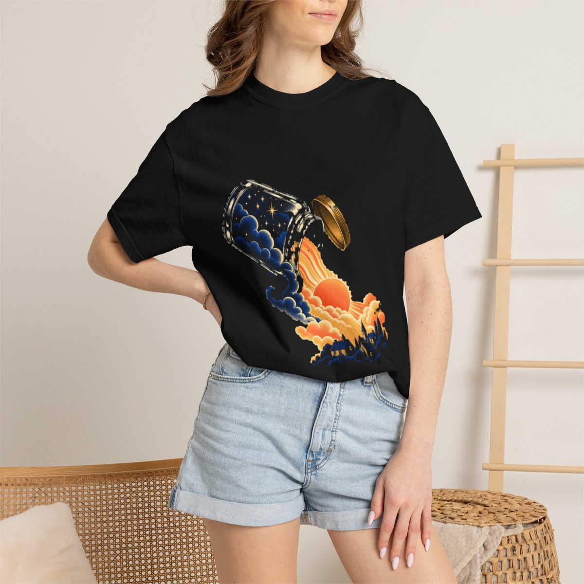 Jar of Dawn Tee worn Printify context view on a Black Comfort Colors 1717 tee