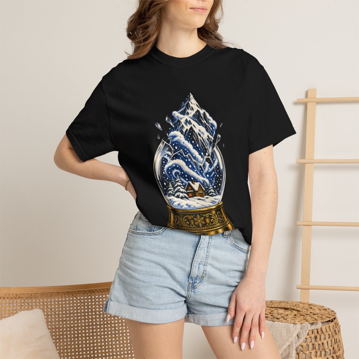Snow Globe Escape Tee worn Printify context view on a Black Comfort Colors 1717 tee