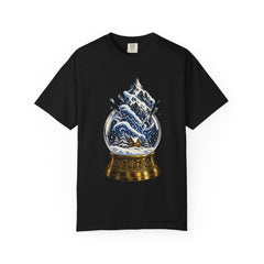 Snow Globe Escape Tee large front print on a Black Comfort Colors 1717 tee