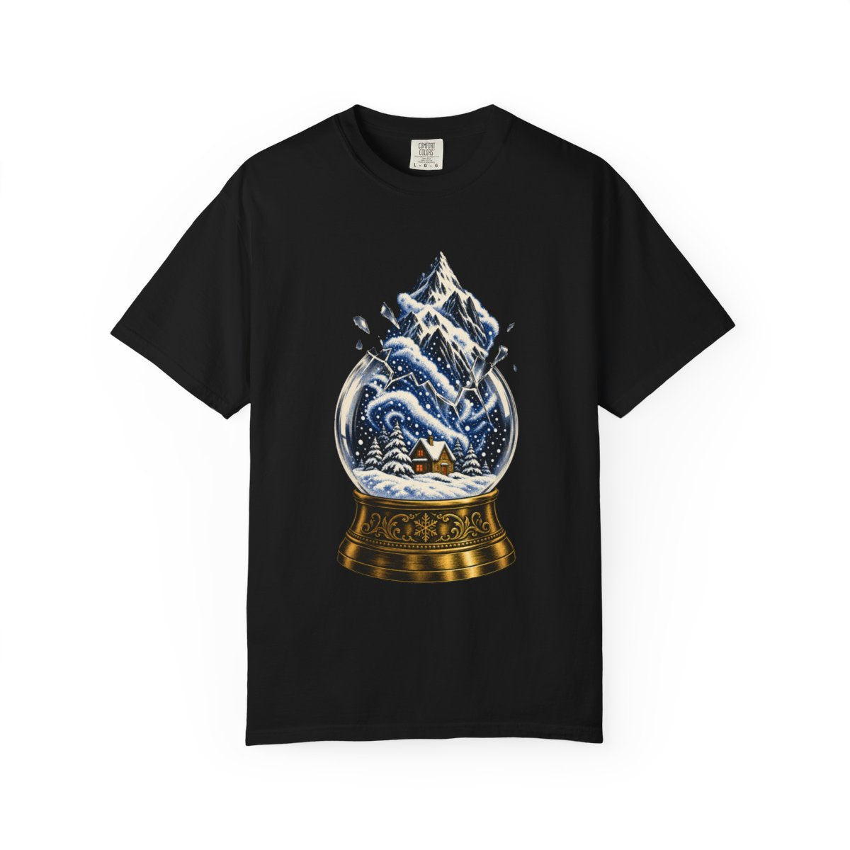 Snow Globe Escape Tee large front print on a Black Comfort Colors 1717 tee