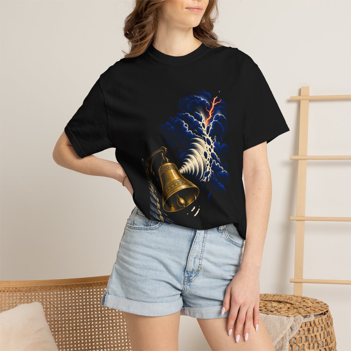 Thunder Bell Tee worn Printify context view on a Black Comfort Colors 1717 tee