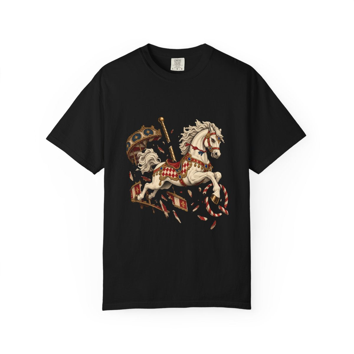Carousel Runaway Tee large front print on a Black Comfort Colors 1717 tee