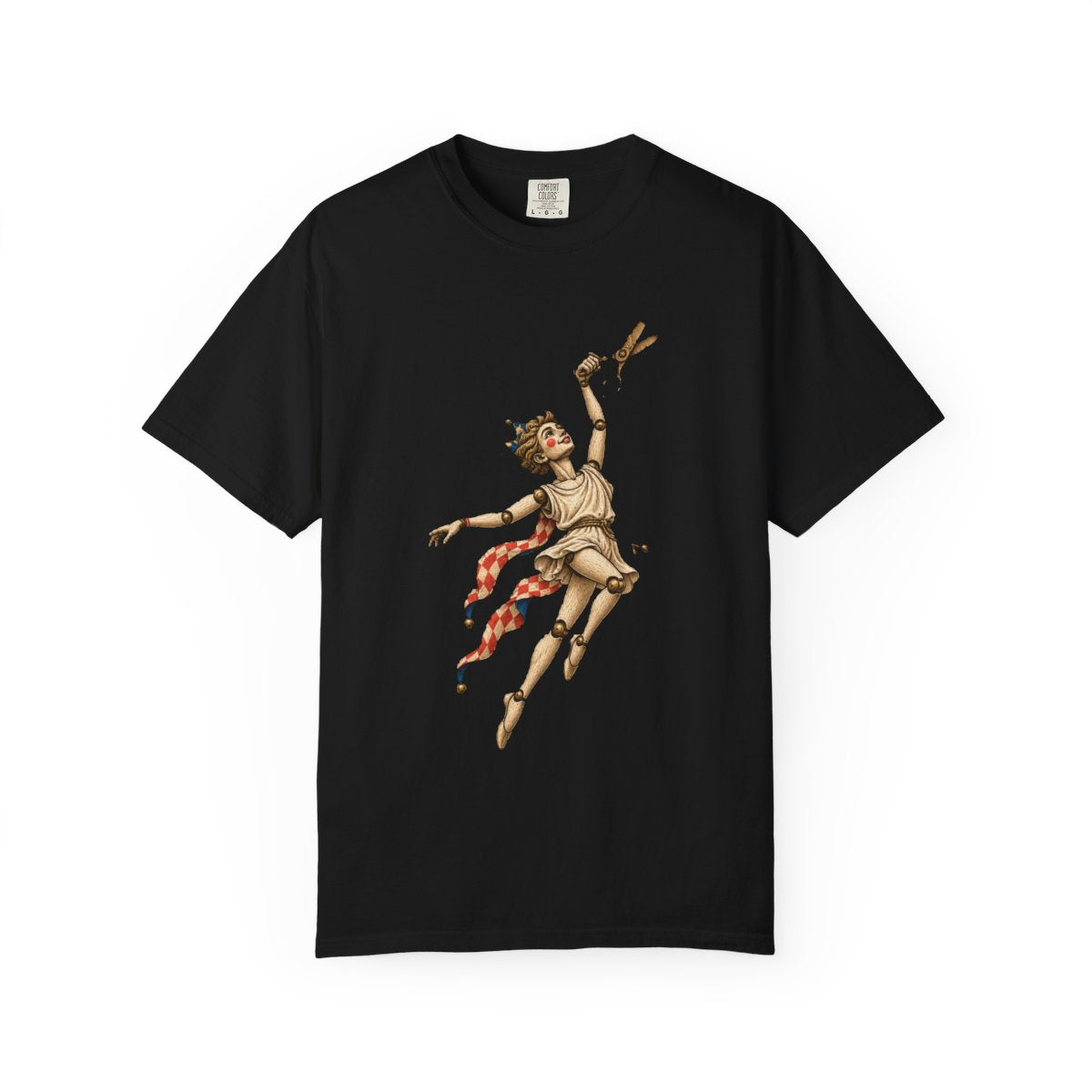Cut the Strings Tee large front print on a Black Comfort Colors 1717 tee