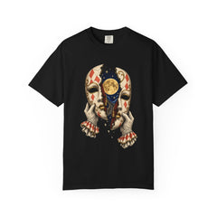 Moon Mask Tee large front print on a Black Comfort Colors 1717 tee