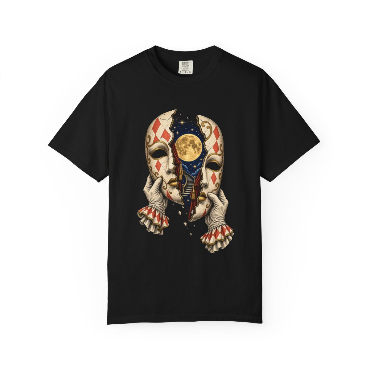 Moon Mask Tee large front print on a Black Comfort Colors 1717 tee