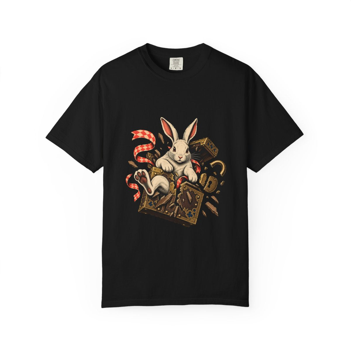 Rabbit Unlocked Tee large front print on a Black Comfort Colors 1717 tee